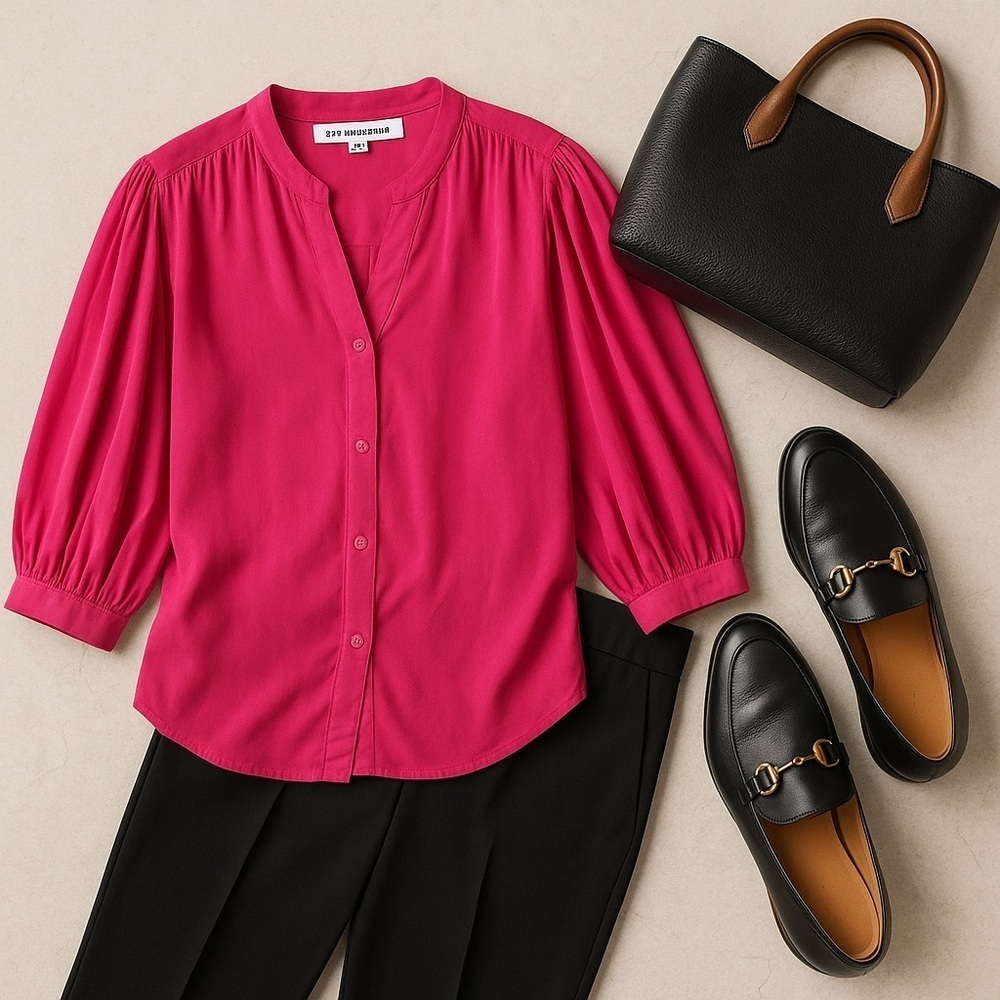 Gerard Darel Paris Fuchsia Blouse Balloon Sleeve Button Up Dopamine Top 36 S - Picture 4 of 14